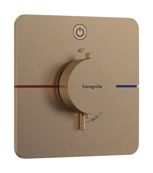 Thermostat zur Regulierung der Wassertemperatur, montiert auf einer goldbronzenen Platte. Hansgrohe-Logo und Bedienelemente für Temperatur und Eco-Modus sind sichtbar.